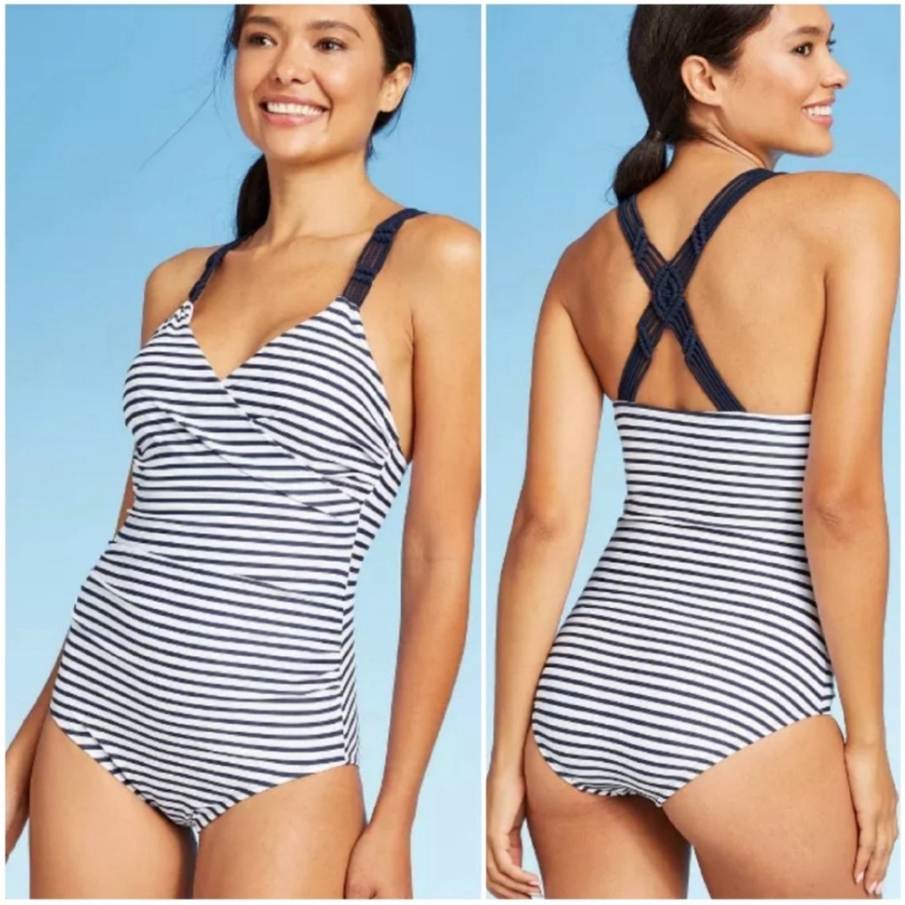 Kona Sol navy and white shirred one piece swimsuit.
